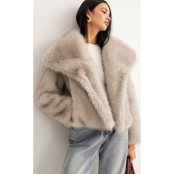 Faux Fur Cropped Jacket Women’s Size L Beige Long Sleeve Open Front - Picture 2 of 7